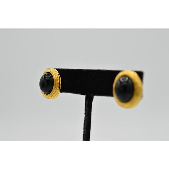Givenchy Vintage Cabochon Earrings Stud Brushed Gold Black Signed 1980s BinC - Picture 3 of 9